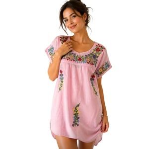 Small Pink Embroidered Boho Dress Floral Peasant Cottagecore Festival Shift